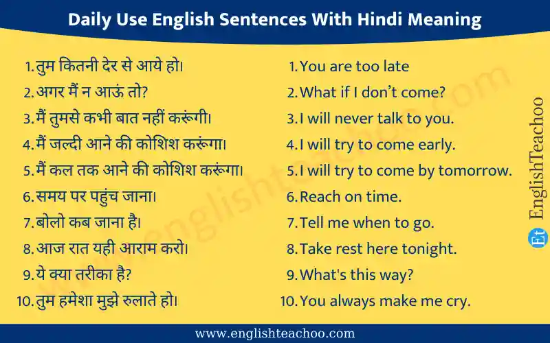 100 Daily Routine English Sentence With Hindi Meaning 