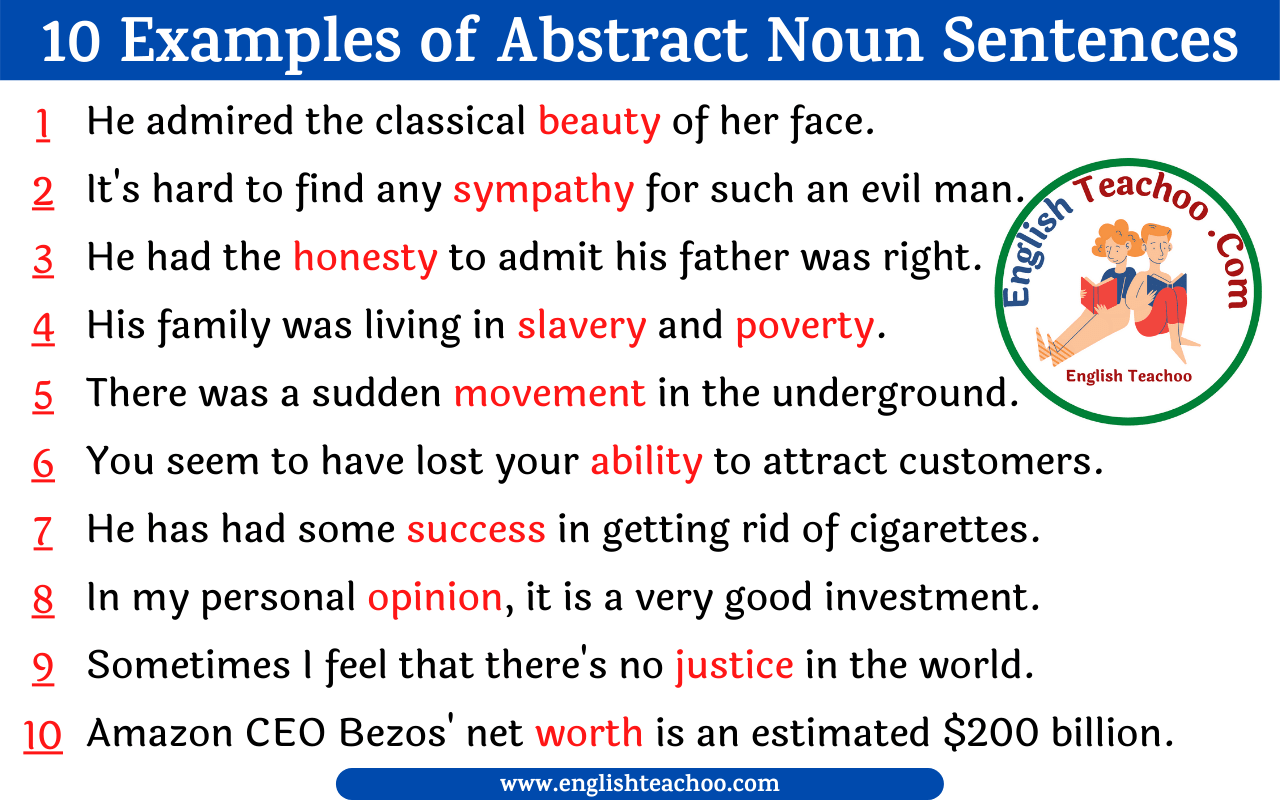 Examples Of Abstract Nouns Meaning Sentences EnglishTeachoo