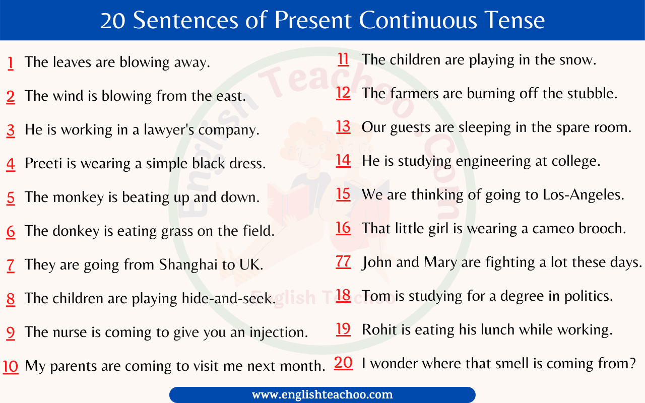 20 Sentences Of Present Continuous Tense EnglishTeachoo