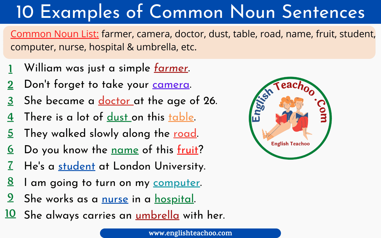 Give 5 Examples Of Common Noun In Sentence
