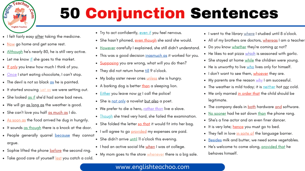 50 Conjunction Sentences In English EnglishTeachoo