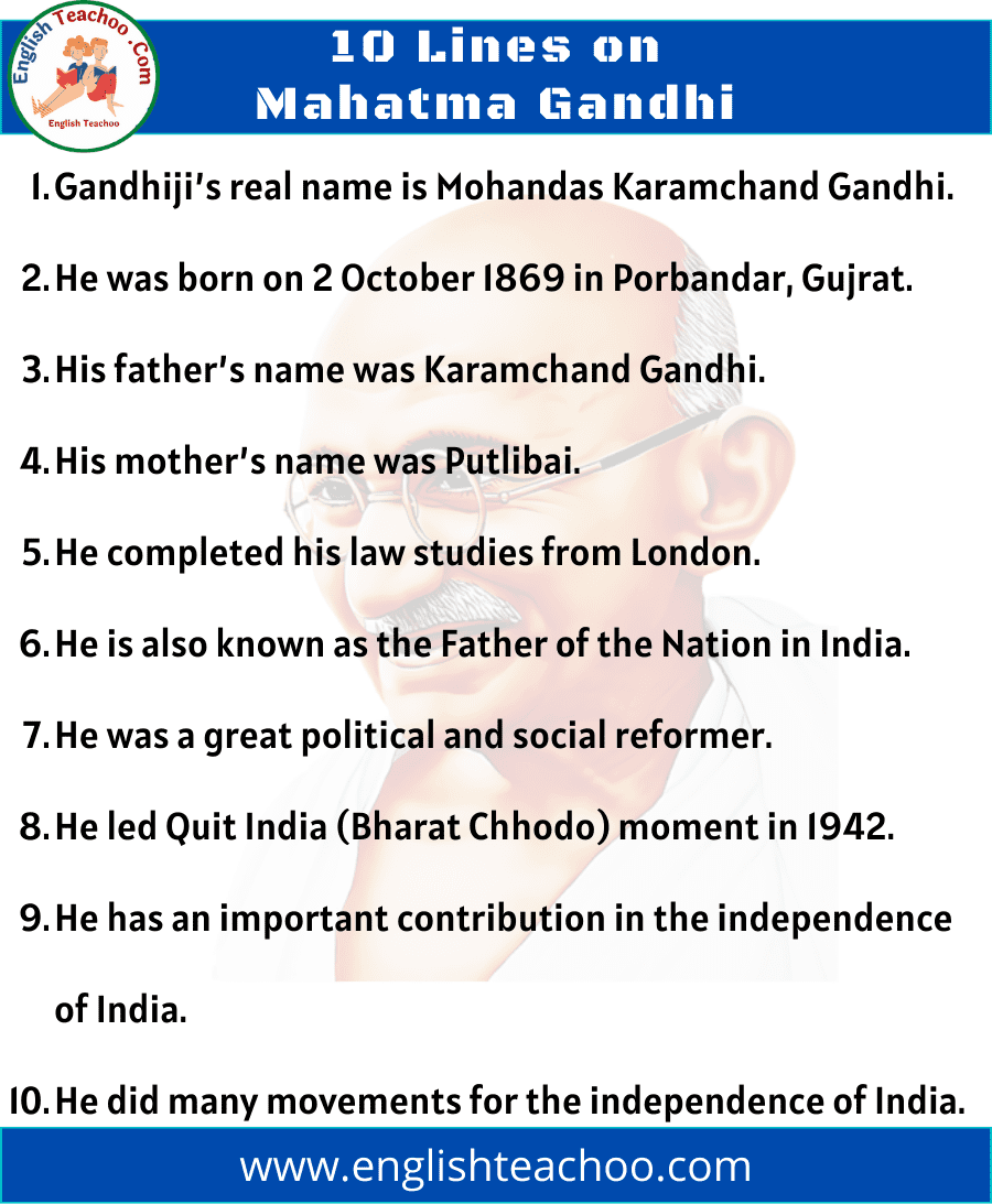 10 Lines On Mahatma Gandhi In English EnglishTeachoo