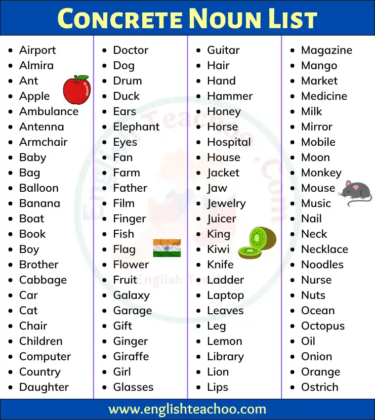 100 Concrete Noun Examples List EnglishTeachoo